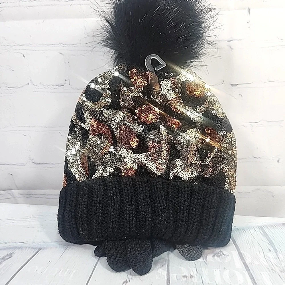 Justice Girls Cheetah BLK Sequin Ribbed Beanie w/faux fur & Gloves 2-Piece Set